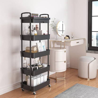 Calmootey 3-Tier Rolling Utility Cart with Drawer,Multifunctional Storage Organizer with Plastic Shelf & Metal Wheels,Storage Cart for Kitchen,Bathroom,Living Room,Office,White