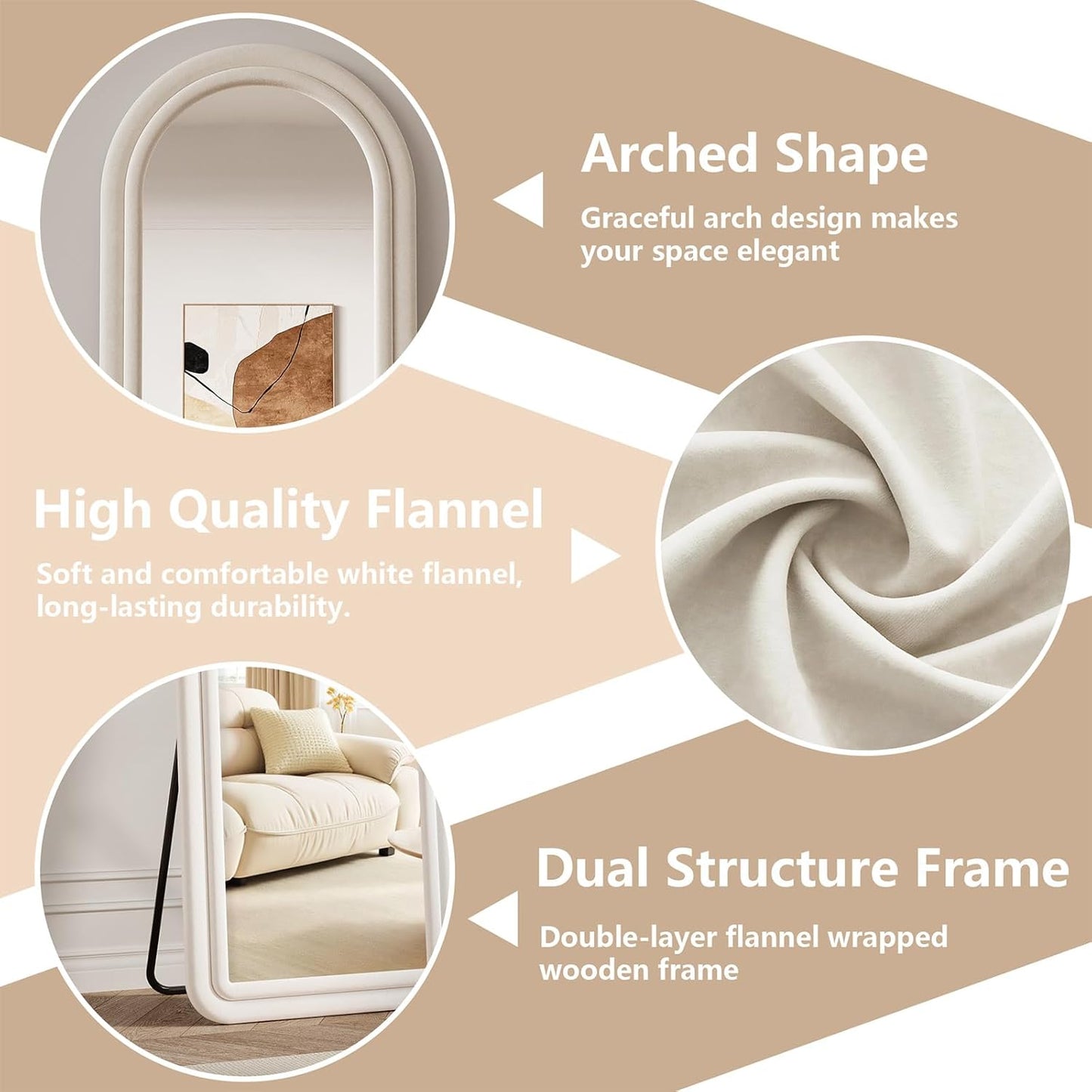 71"x32" Flannel Full Length Mirror, Arched Mirrors Full Length with Stand, Flannel Floor Mirror for Bedroom and Living Room, Full Body Mirror Hanging or Leaning, White