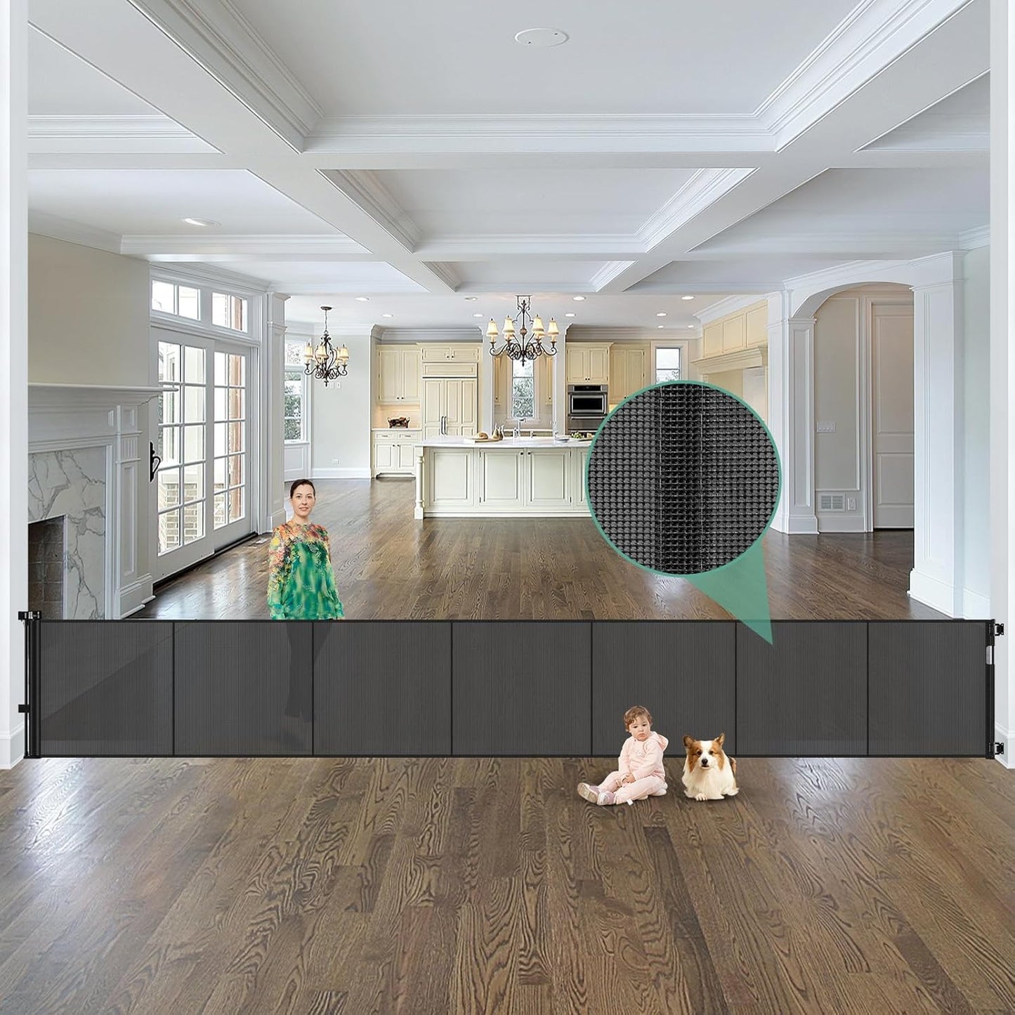Reinforced 60" Wide Retractable Baby Gates with Upgraded Rods - Bottom Anti-Escape, 5 ft Mesh Baby Gate Retractable Dog Gate Indoor Pet Gate Retractable Stair Gate Outdoor Retractable Gate, Black