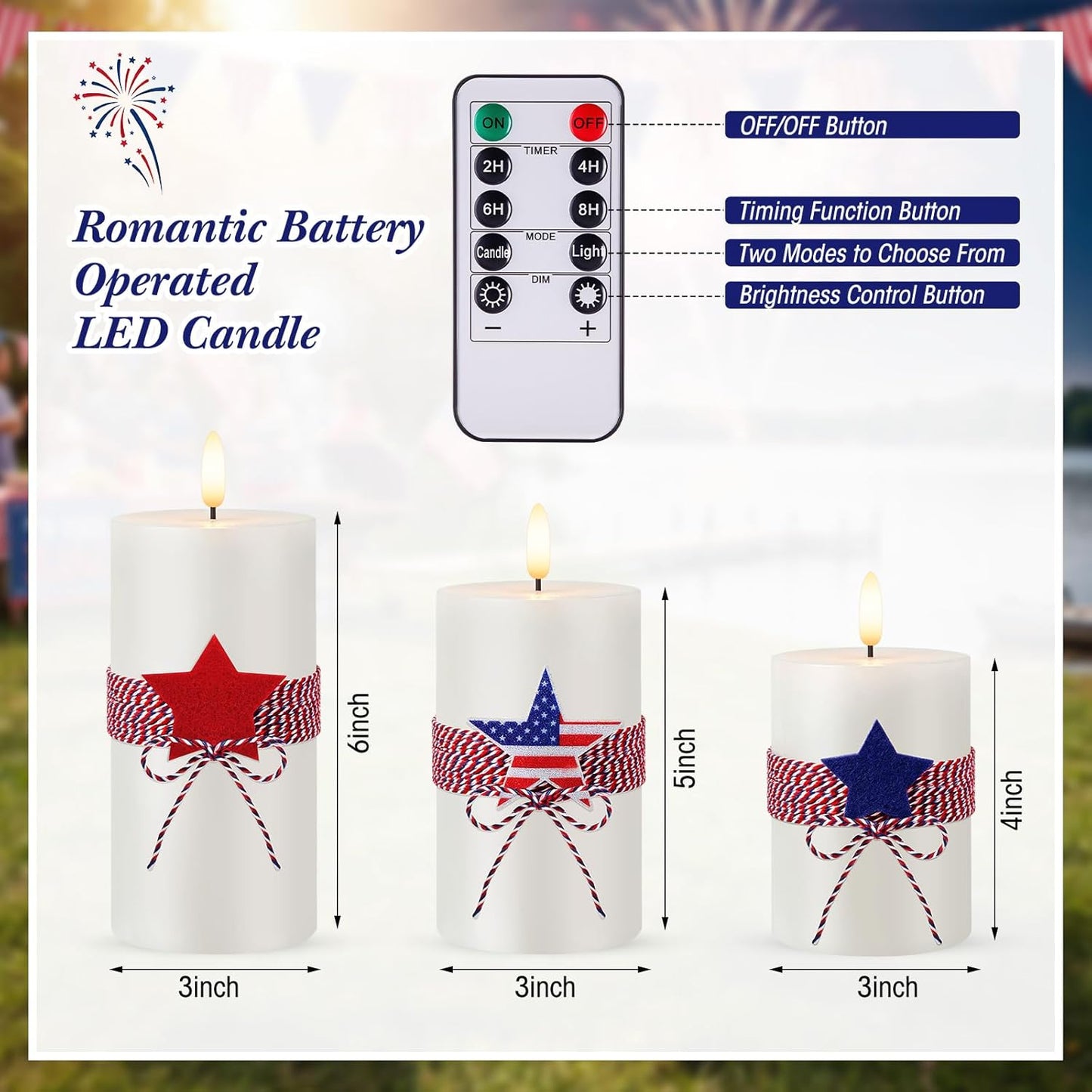 4th of July 4" 5" 6" Flameless Pillar Candles with Remote, Set of 3 Patriotic Red White Blue Battery Operated LED Candle with Star Felt, Independence Day Decorations for Home Party Table Fireplace