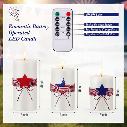 4th of July 4" 5" 6" Flameless Pillar Candles with Remote, Set of 3 Patriotic Red White Blue Battery Operated LED Candle with Star Felt, Independence Day Decorations for Home Party Table Fireplace