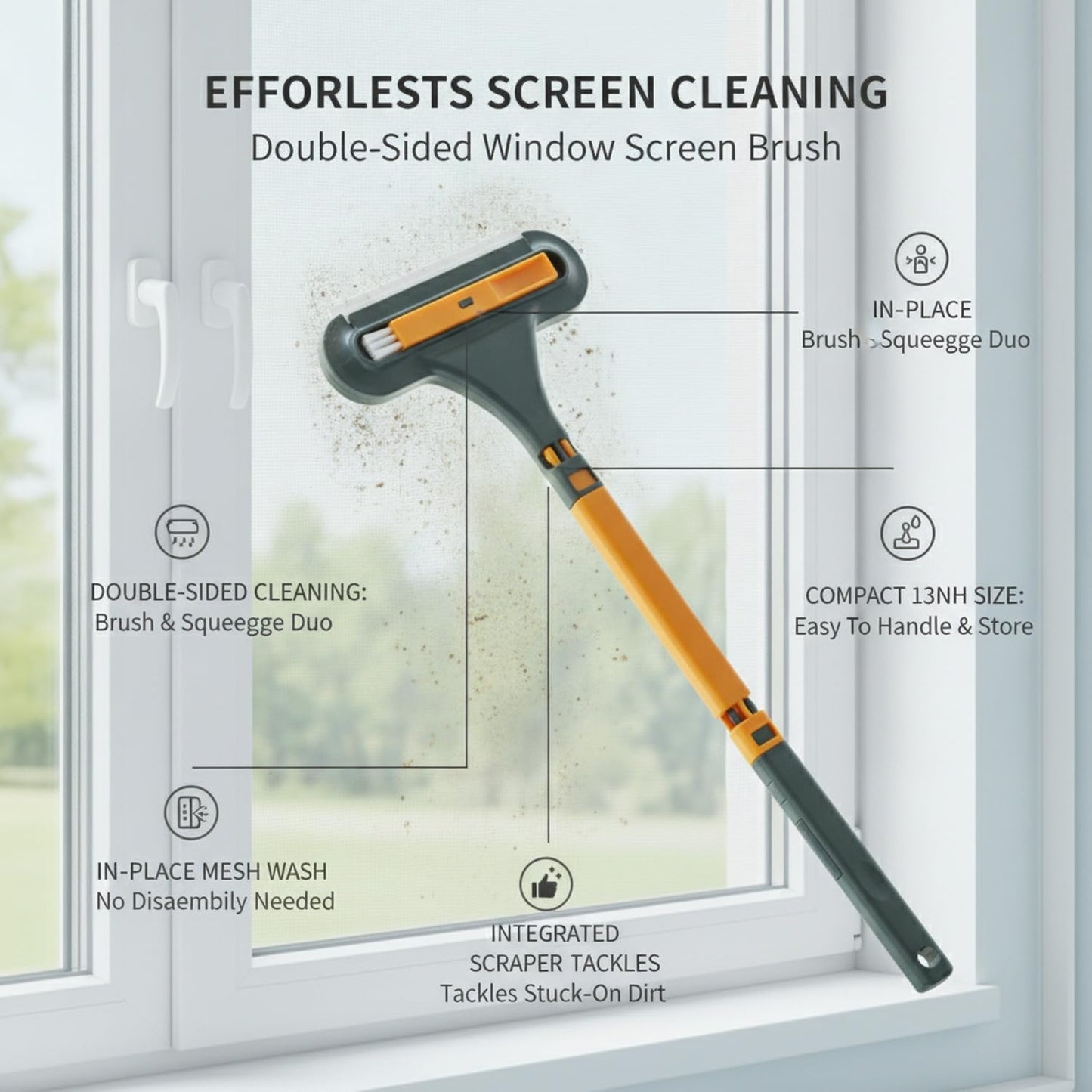 Sturdy PP Plastic Double-Sided Window Screen Brush, 13-Inch Tool for In-Place Mesh Cleaning