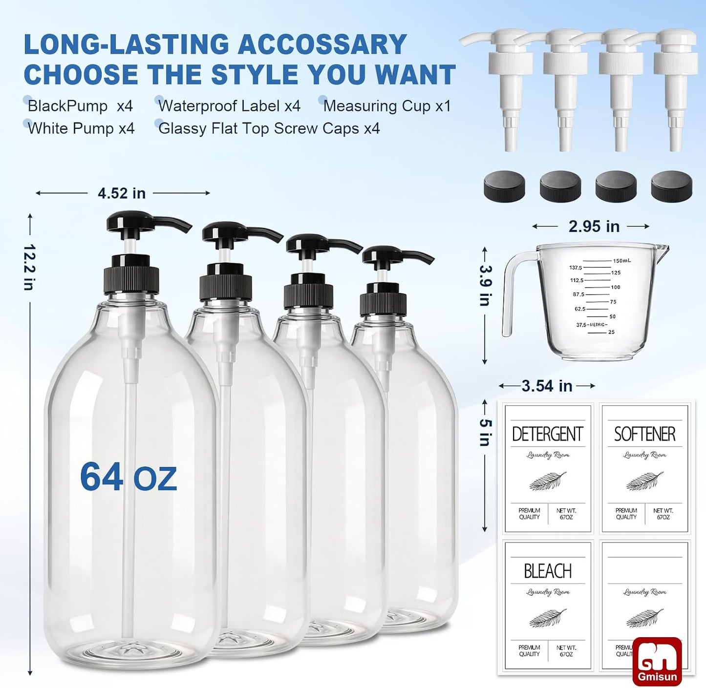 GMISUN Laundry Detergent Soap Dispenser, Liquid Laundry Detergent Dispenser, Container for Farmhouse Laundry Room Decor, Organizer for Liquid SoftenerBleach Heavy Duty Plastic Bottle(64 Oz 3 Pack)
