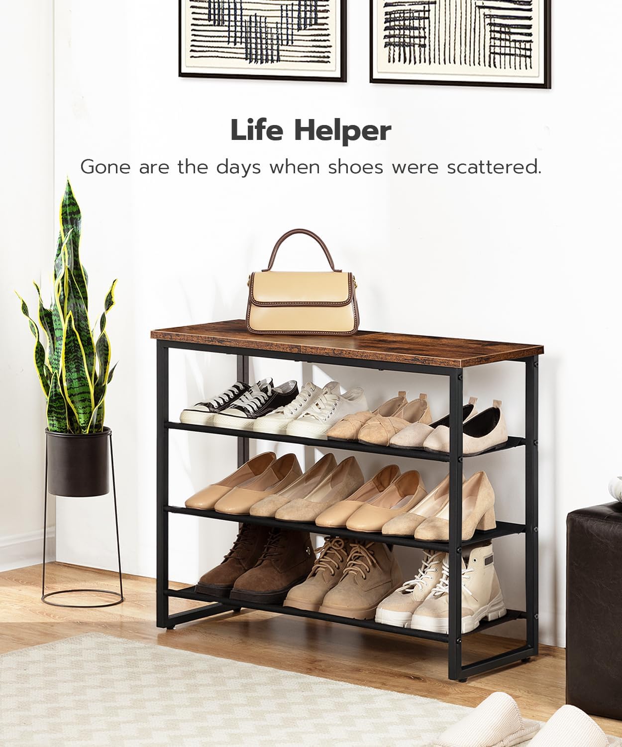 HOOBRO Shoe Rack, 4 Tier Shoe Storage Organizer with 3 Oxford Fabric Shelves and Top Panel, Holds 12-16 Pairs of Shoes for Entryway and Closet, Industrial, Rustic Brown BF47XJ01G1