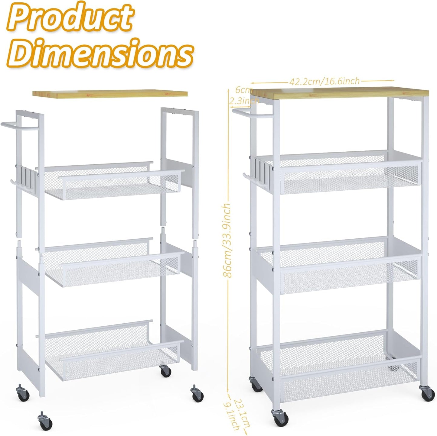 Vincona 7.1" Wide Slim Storage Cart on Wheels, 4 Tier Metal Narrow Rolling Cart with Handle and Wood Top, Multifunctional Small Mobile Shelf Unit Organizer Trolley for Laundry, Bathroom, Kitchen