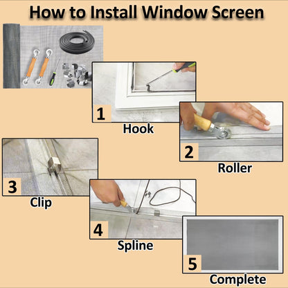 King&Charles Window Screen Door Repair/Replacement Kit, Include Black Screen Mesh 48"x118"+ 2 Roller+50Ft Spline+8Clips+Hook, 6 in 1 Window Mesh Kit, Steel/Nylon Bearing Roller