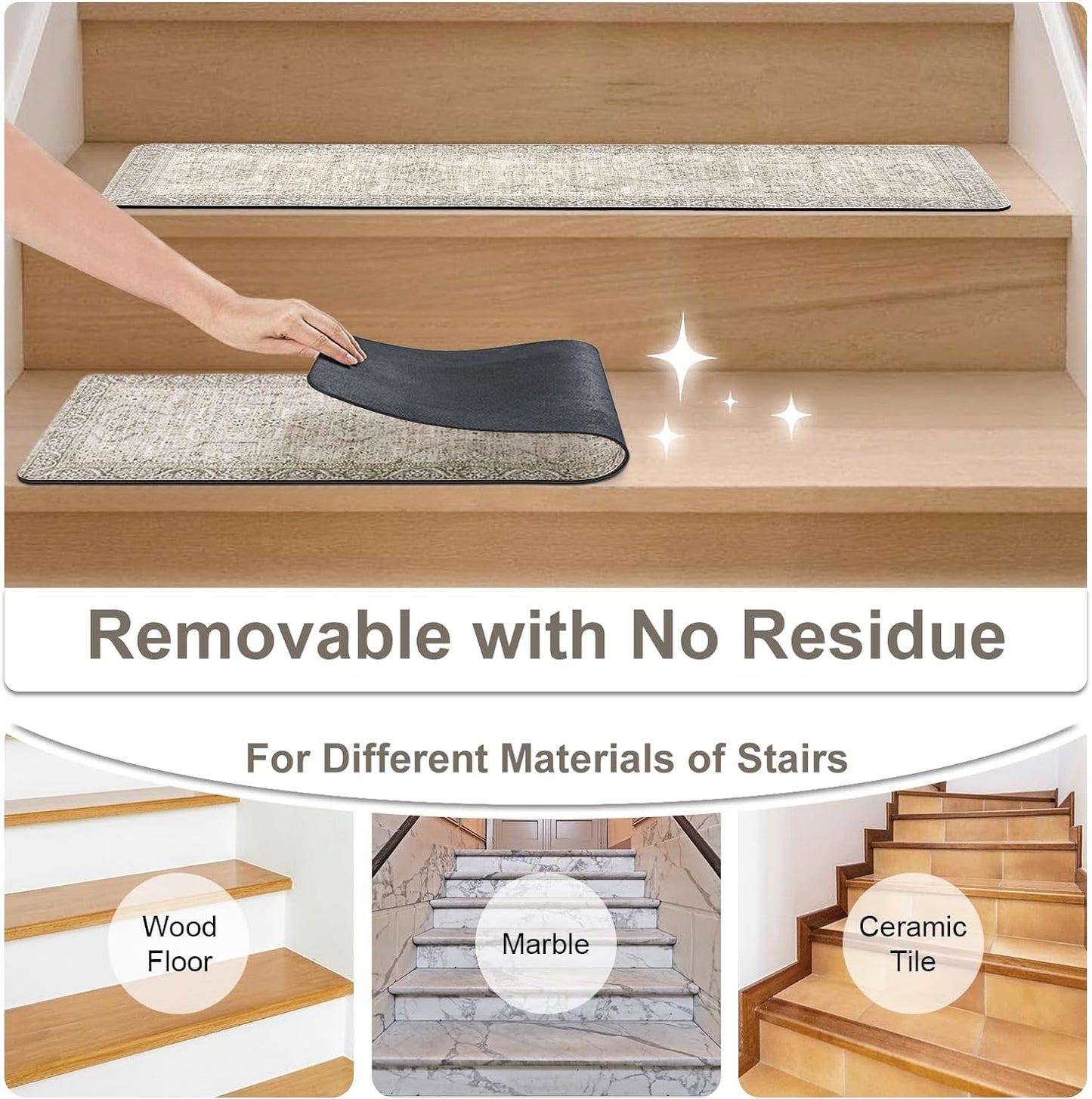 Tiveney Stair Treads Non Slip 15PCS 8"x30" Stair Runner, Rubber Backing Carpet Stair Treads for Wooden Steps, Washable Safety Carpet for Stairs Khaki Indoor Staircase Step Treads for Kids Elder Dogs