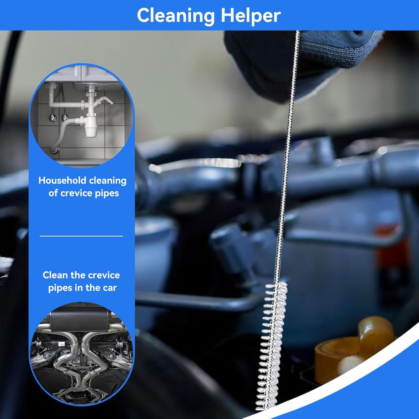 4.92 ft (1.5m) Flexible Drain Cleaning Brush – 2-Pack, Stainless Coil for Car, Fridge, Sinks, Pipes, Hoses, Hair & Grease Clogs