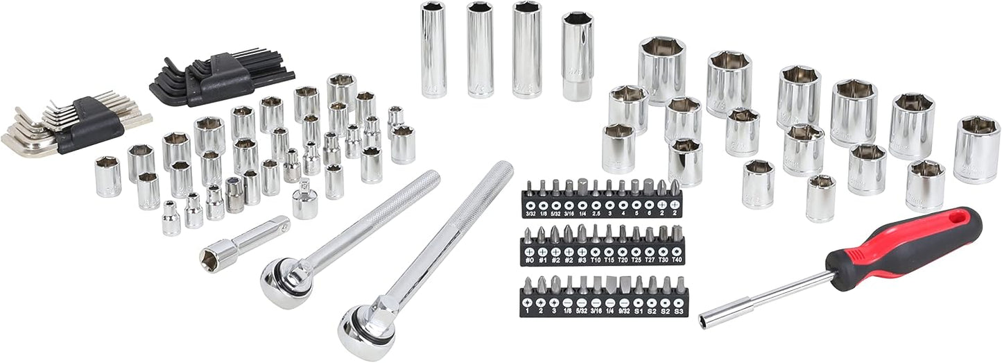 MECHMAX 121-Piece Mechanics Tool Set, 1/4 & 3/8-Inch Drive | Metric and standard SAE socket wrench kit. General automotive repair hand tool set for car mechanics and garage DIY