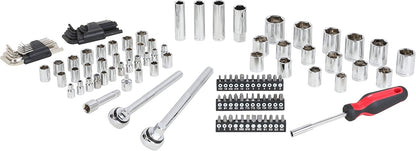 MECHMAX 121-Piece Mechanics Tool Set, 1/4 & 3/8-Inch Drive | Metric and standard SAE socket wrench kit. General automotive repair hand tool set for car mechanics and garage DIY