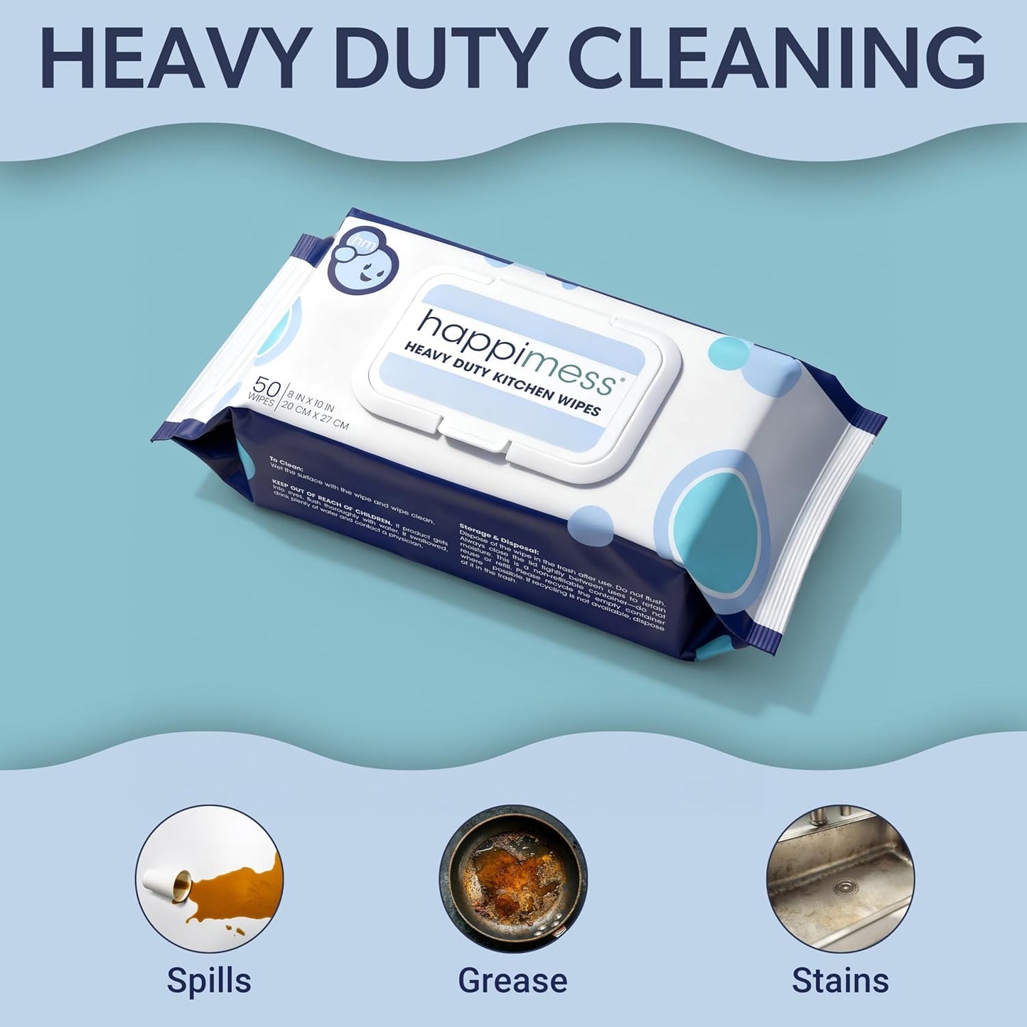 happimess WPE1003A Reusable Heavy Duty Kitchen Wipes, Strong & Durable Multi-Surface Cleaning Cloths for Counters, Stovetops & Grease, Streak-Free & Unscented, 50 Count, 8" x 10"