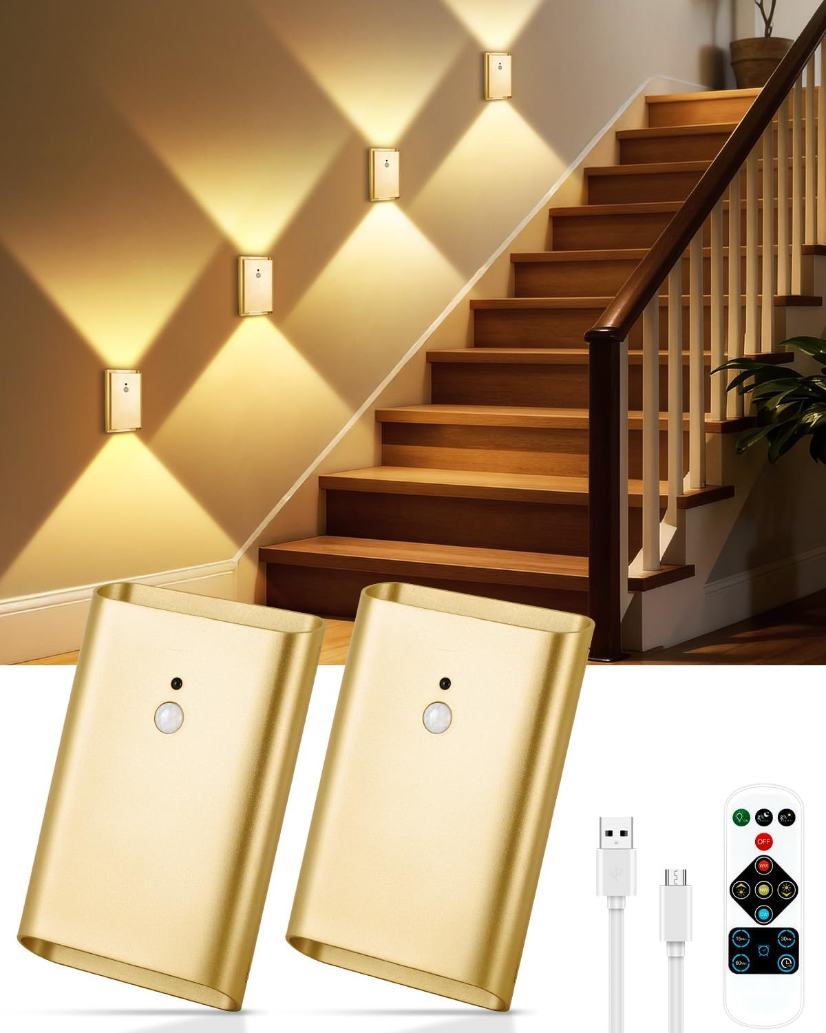 Rechargeable Motion Sensor Wall Sconce Set of 2 – 5000mAh Wireless Battery Operated Wall Light Indoor, 3 Colors Up/Down Lighting Magnetic Night Light with Remote Control for Bedroom, Hallway (Black)
