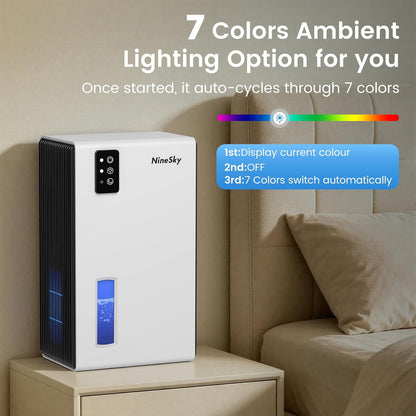 NineSky Dehumidifiers for Home, 1000 Sq.Ft Dehumidifier with 95oz Water Tank, Quiet Dehumidifier for Basement Bathroom Bedroom with 7-Color Ambient Light & Auto Shut Off, Sliver