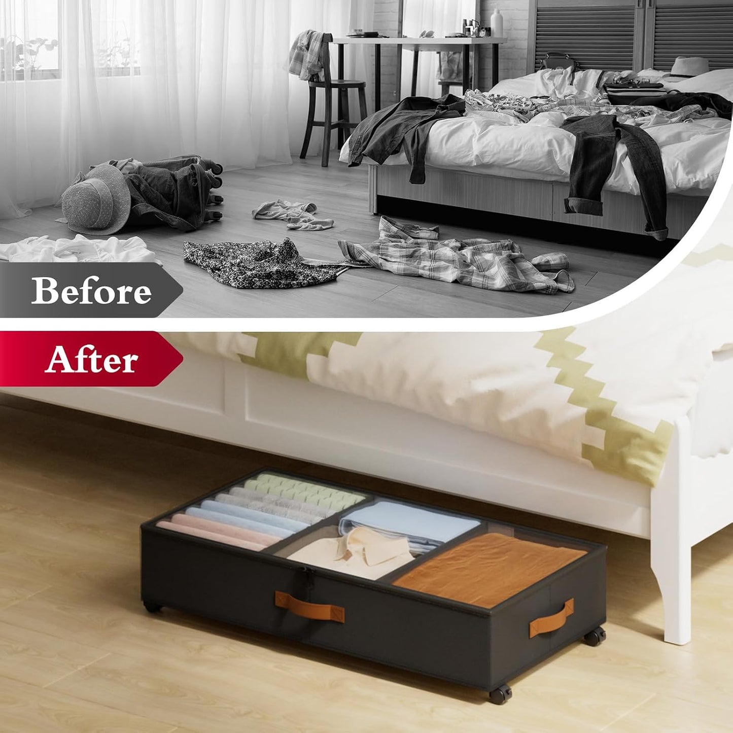 Yecaye Under Bed Storage with Wheels, 2 Pack Under Bed Storage Containers with Adjustable Dividers & Clear Lid, Rolling Underbed Organizer Bins Drawer for Clothes, Shoes, Blankets(30.3 x 16 x 6.7in)
