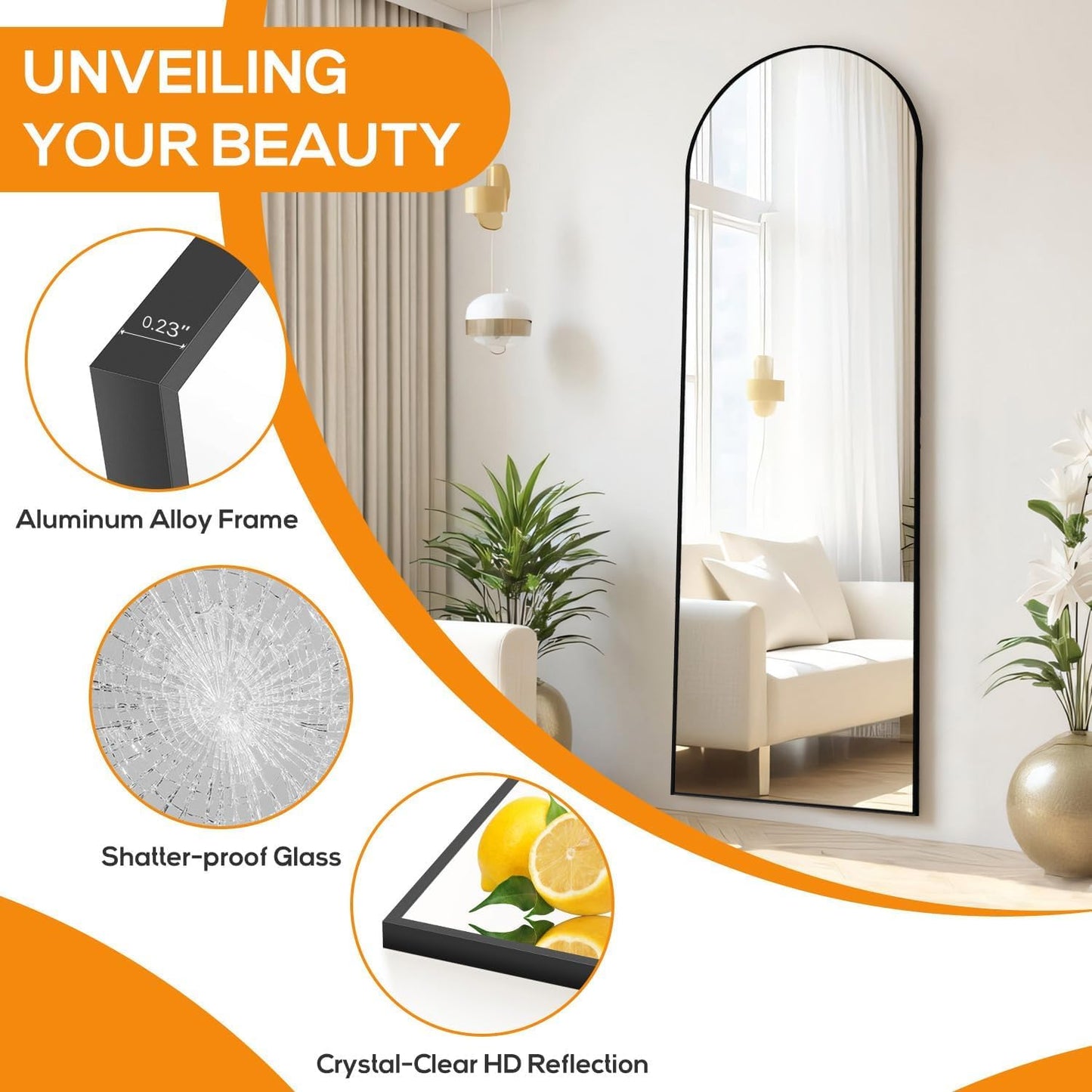 Arched Mirror Full Length, Upgraded 16"x59" Body Wall Mirrors with Shatter-Proof Glass, Floor Standing, Hanging or Leaning, Tall Arch Mirror with Stand Aluminum Alloy Frame for Bedroom, Black