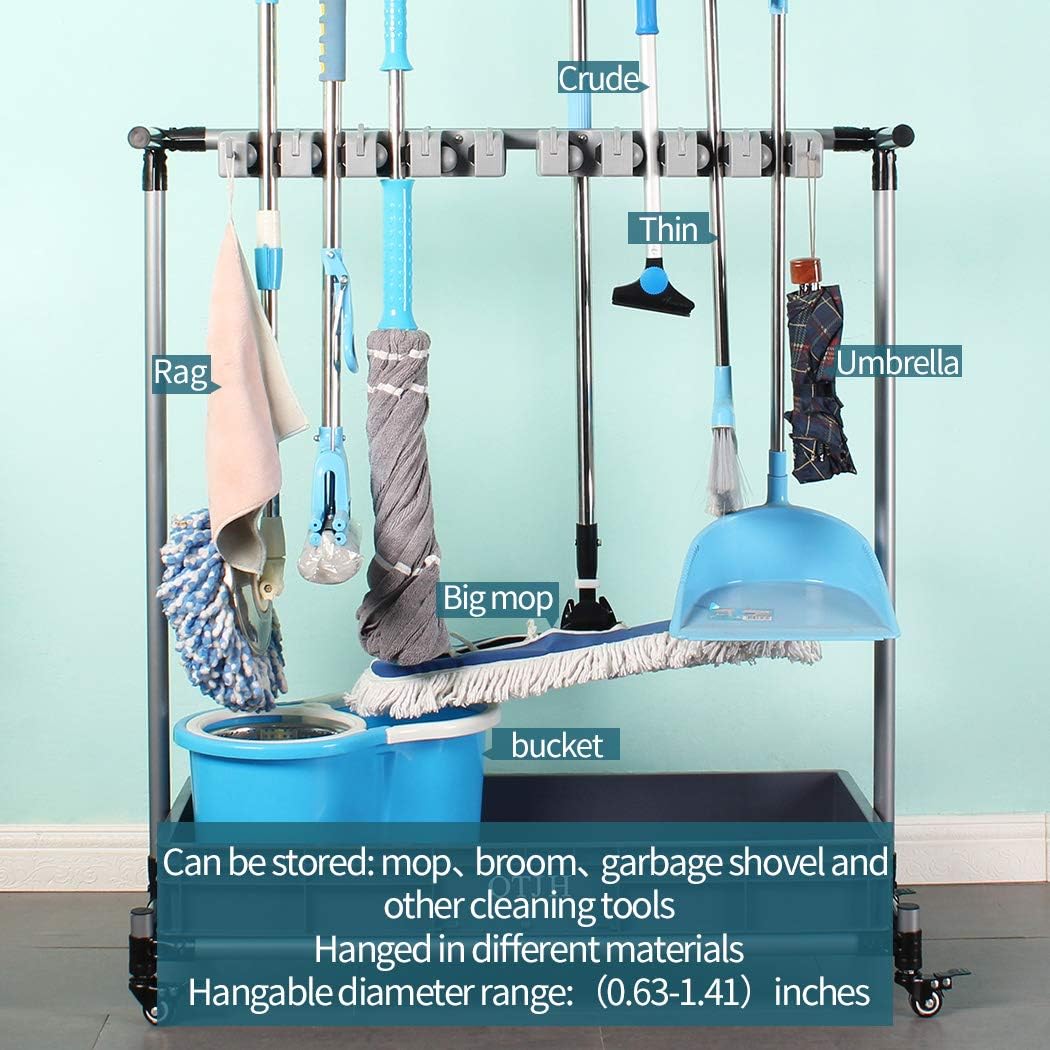 Broom And Mop Holder Put Wet Mops Movable Floor-Mounted Mop Rack Floor Standing Cleaning Tool Cart Storage For Garden Garage Schools, Hospitals, Factories, Hotels,Property Companies (12racks)