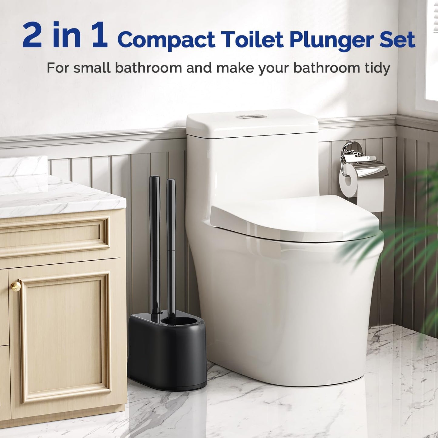 HAMITOR Toilet Plunger Bowl Brush Combo：Heavy Duty Rubber for Drain Clog Remover - Curved Design Bristles for Deep Cleaning Under Rim - Compact Bathroom Cleaning Tools for New Homet Essentials - White