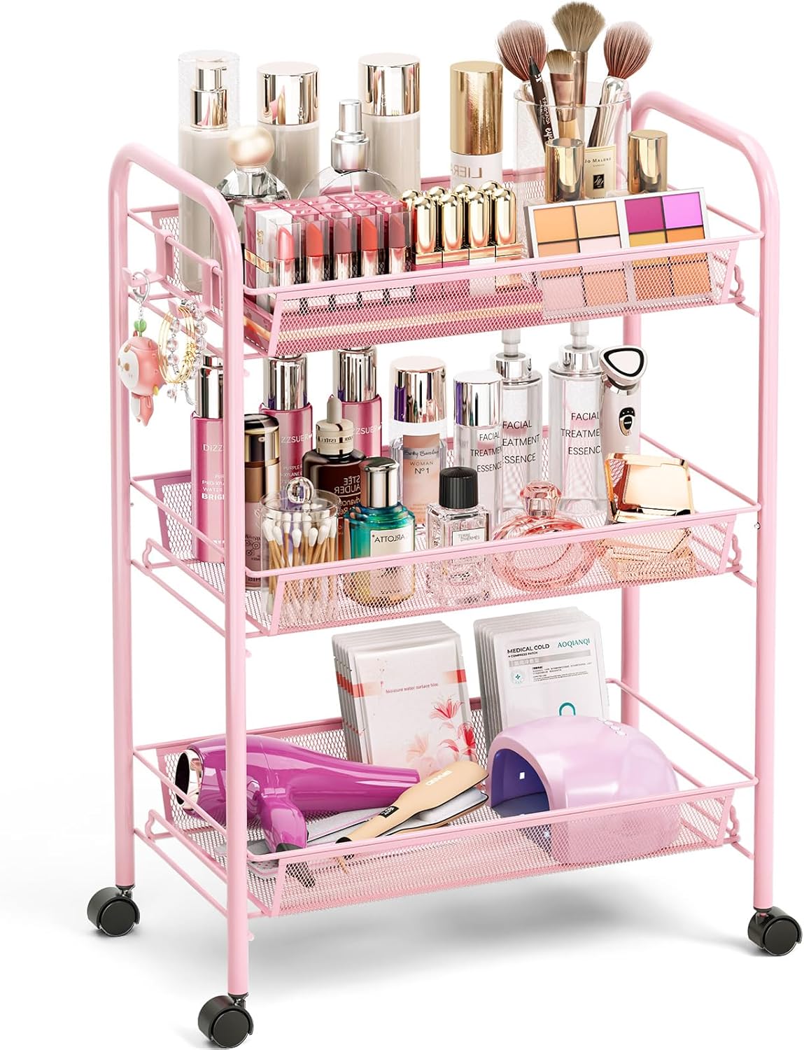 TOOLF 3-Tier Metal Rolling Cart, Mesh Wire Easy Assemble Utility Cart, Storage Trolley on Wheels with 3 Hooks, MetalStorage Shelving Units for Kitchen Bathroom Laundry Room