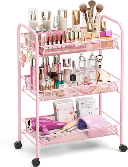TOOLF 3-Tier Metal Rolling Cart, Mesh Wire Easy Assemble Utility Cart, Storage Trolley on Wheels with 3 Hooks, MetalStorage Shelving Units for Kitchen Bathroom Laundry Room