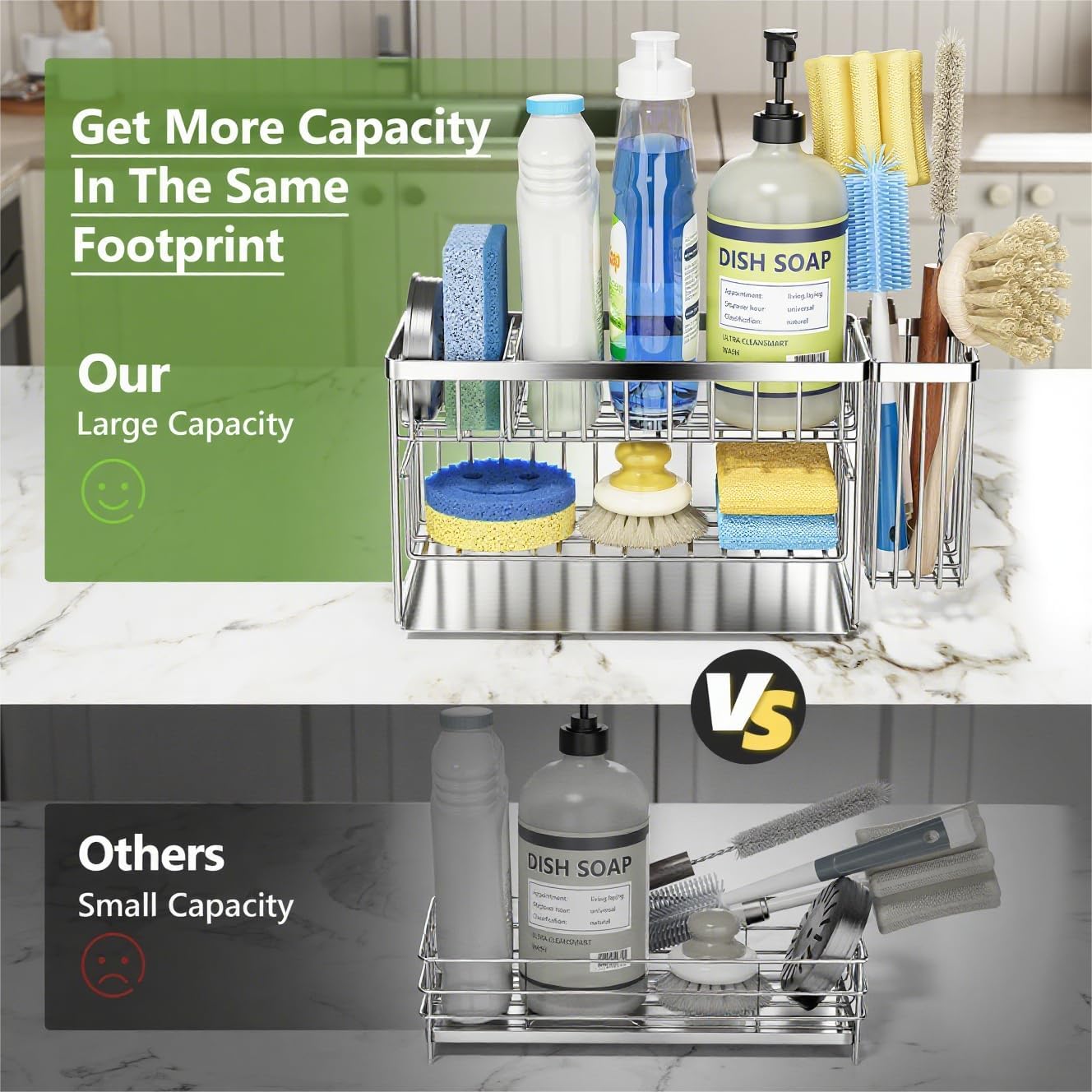 Cisily 2-Tier Kitchen Sink Caddy Organzier Rack with Flexible Dish Brush Holder, Sponge Holder for Kitchen Sink Countertop Organization Storage,Home Decor Accessories Essentials Stainless Steel