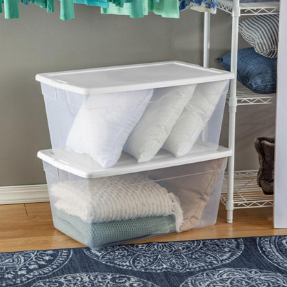 Sterilite 6 Pack Storage Box, 41 Quart Stackable Tote, Clear Plastic Container with Secure Snapping White Lids for Home and Office Organization