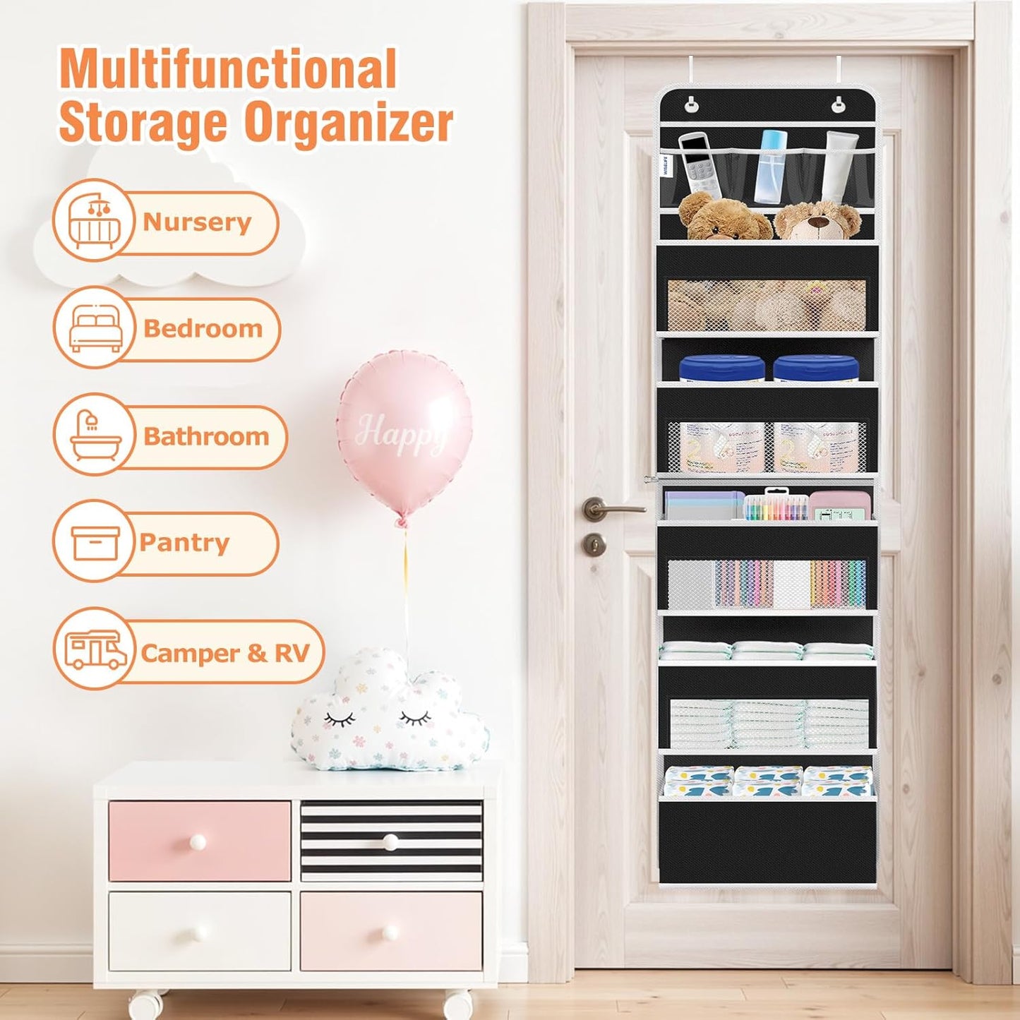 WISELIFE Over The Door Organizer Storage 4 Shelves Large Capacity Hanging Bedroom Storage Solution with 6 Side Pockets for Dorm Bathroom Pantry Nursery and Baby Essentials Holds up to 40 Lbs (Black)