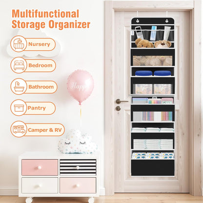 WISELIFE Over The Door Organizer Storage 4 Shelves Large Capacity Hanging Bedroom Storage Solution with 6 Side Pockets for Dorm Bathroom Pantry Nursery and Baby Essentials Holds up to 40 Lbs (Black)