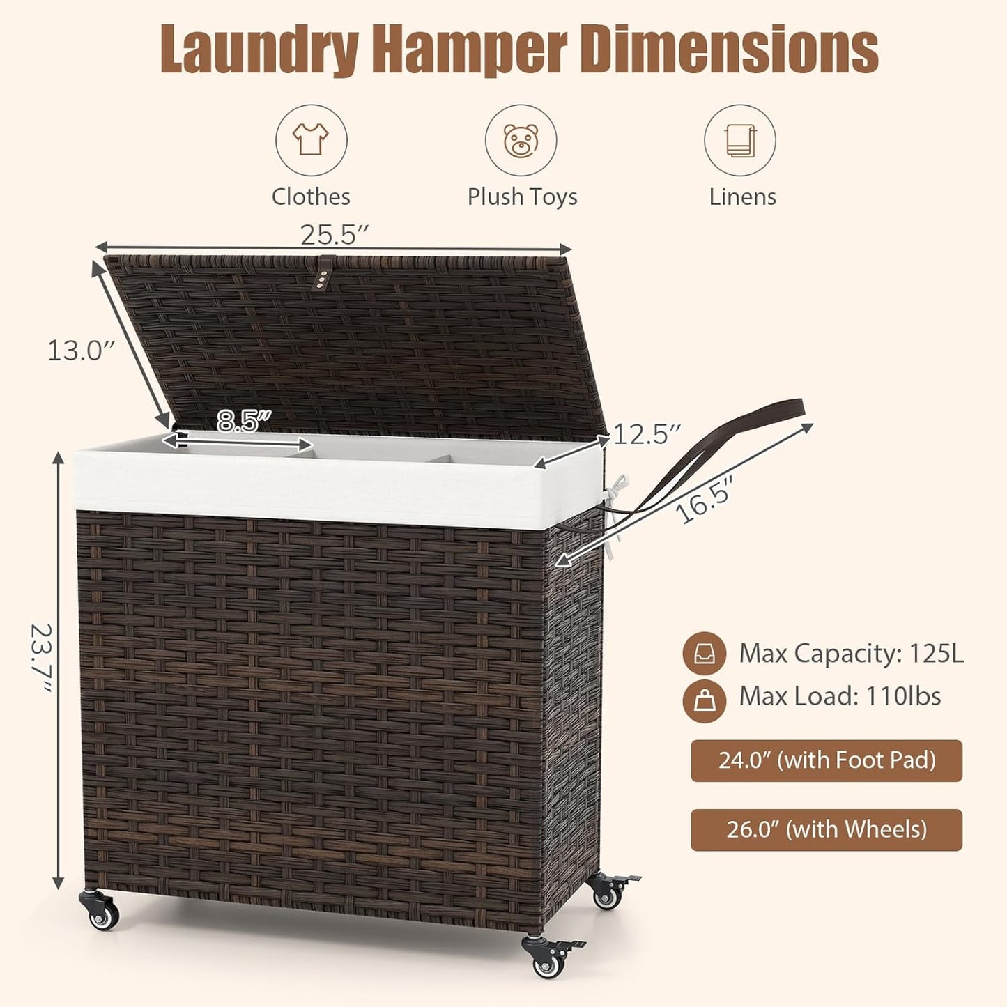 GOFLAME Laundry Hamper with Lid and Wheels, 125L Hand Woven Rattan Laundry Basket with 3 Divided Sections, Handles, 2 Removable and Washable Liner Bags, Dirty Clothes Hamper for Bedroom (Natural)