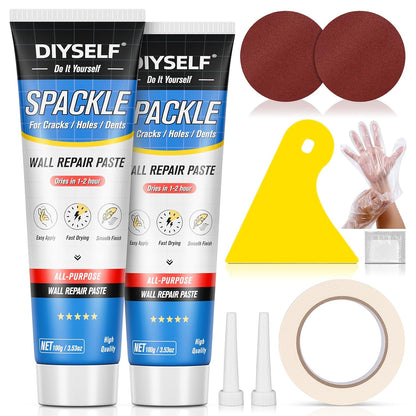 DIYSELF 9 Pack Drywall Repair Kit, Surface Repair Kit, Spackle Wall Repair, 2×100g (7oz Total) Putty, White Drywall Mud, Plaster for Holes, Cracks, Gaps, Fast-Drying Hole Filler with Scraper, Sander