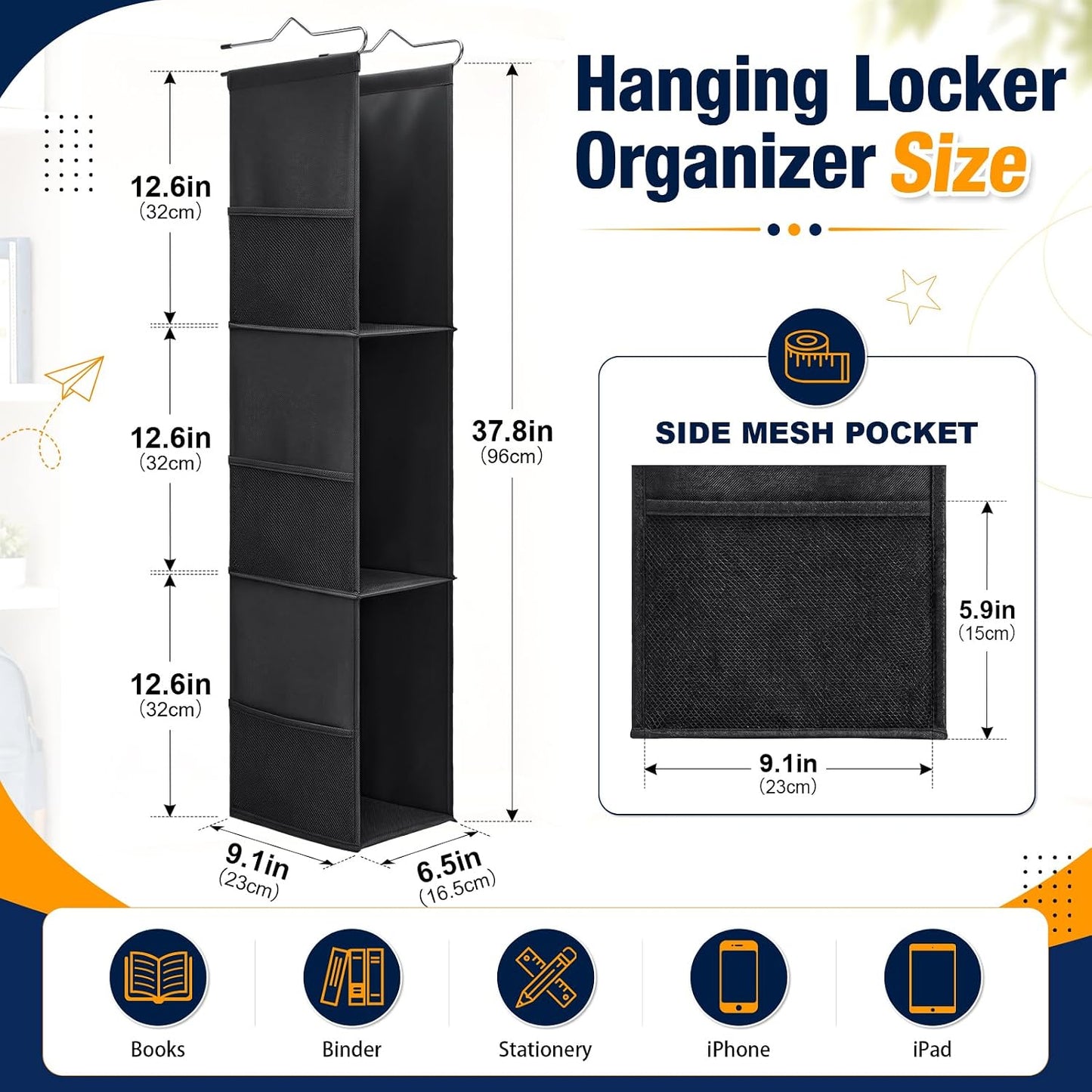 3-Shelf Hanging Locker Organizer for School, 600D Oxford Fabric Locker Shelf Organizer with 6 Mesh Side Pockets, Portable Hanging Storage for Work, Gym, and Closet Lockers