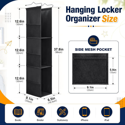 3-Shelf Hanging Locker Organizer for School, 600D Oxford Fabric Locker Shelf Organizer with 6 Mesh Side Pockets, Portable Hanging Storage for Work, Gym, and Closet Lockers