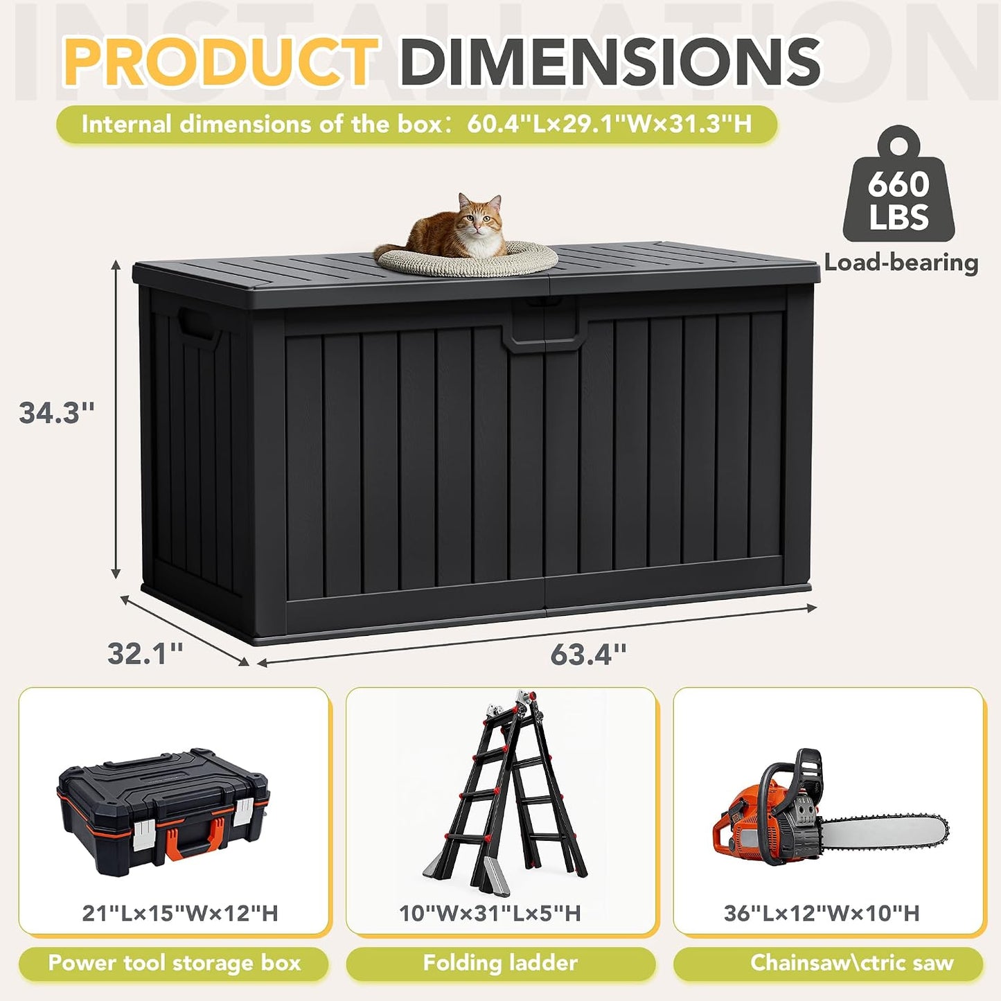 32 Gallon Deck Box Outdoor Indoor Waterproof Storage Box for Patio Furniture, Pool Accessories, Garden Tools, and Cushion Storage, Black