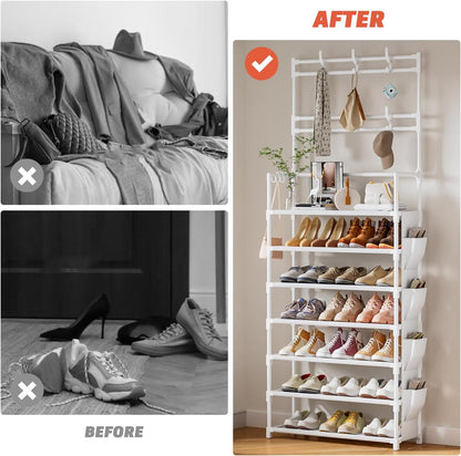 OYREL Shoe Rack 5 Tier Shoe Organizer Storage 15-20 Pairs Shoes Rack for Closet Entrance Shoe Rack Organizer with Hooks and Side Pocket Entryway Shoe Holder Space Saving Free Standing Shoe Racks