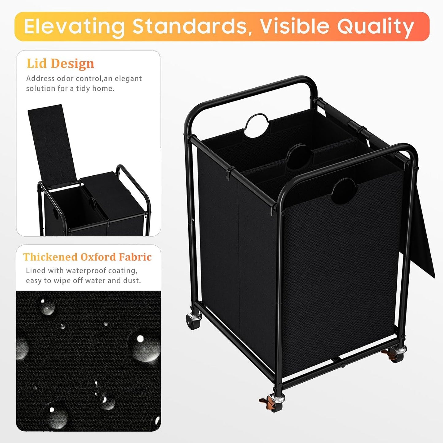 180L (47.55 Gal) Laundry Sorter 3 Section, Rolling Laundry Basket with Lockable Wheels and Lid, Laundry Hamper with 3 Separated Removable Bags Dirty Clothes Hamper for Laundry Room Organizer, Black