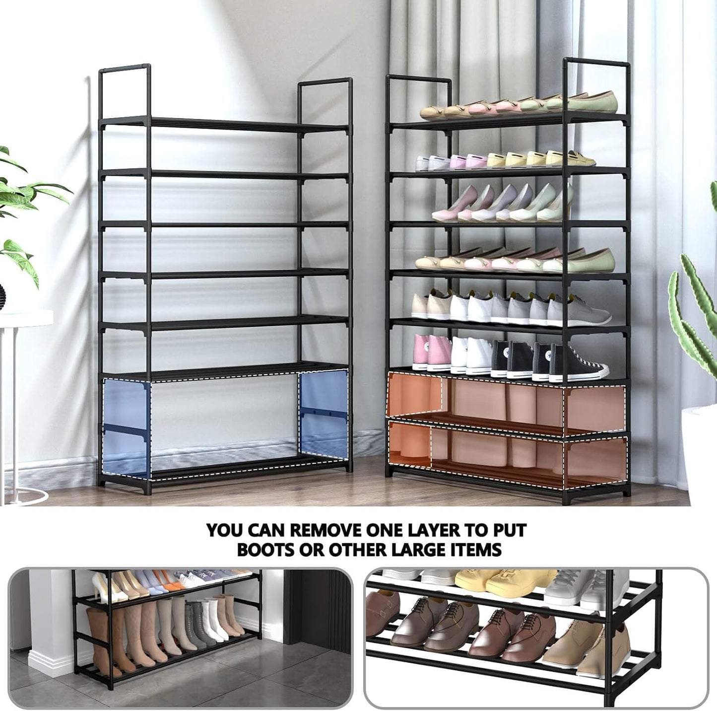 Hsscblet 5 Tiers Metal Shoe Rack,Adjustable Shoe Shelf Storage Organizer with Hooks,Stackable Boot & Shoe Storage,for Entryway,Hallway,Closet,Black
