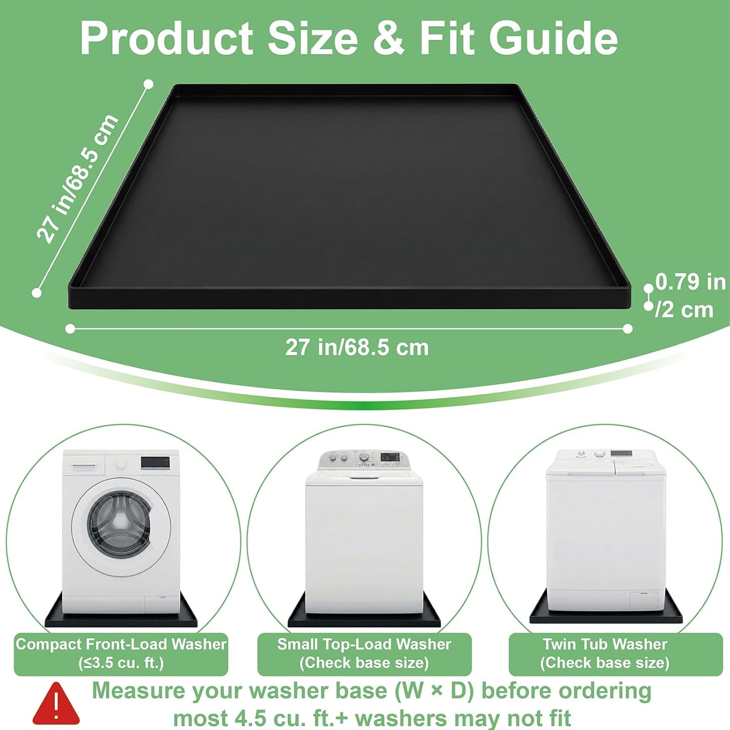 27 x 27 Inch Washing Machine Drain Pan, Silicone Washer Pan, Black | 2cm Raised Waterproof Edge, Washer and Dryer Mat for Floor Protection, Fits Compact Washers Up to 3.5 Cu.Ft.