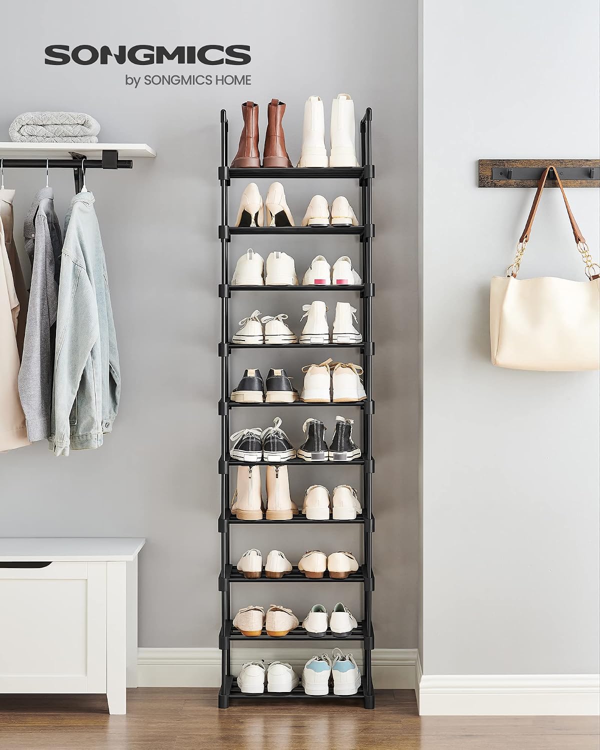 SONGMICS Shoe Rack, 6-Tier Shoe Organizer, Metal Storage Shelf, Upright or Upside Down, for 24-30 Pairs, Stackable, for Entryway, 11.8 x 36.2 x 42.7 Inches, Black ULSA306BH01