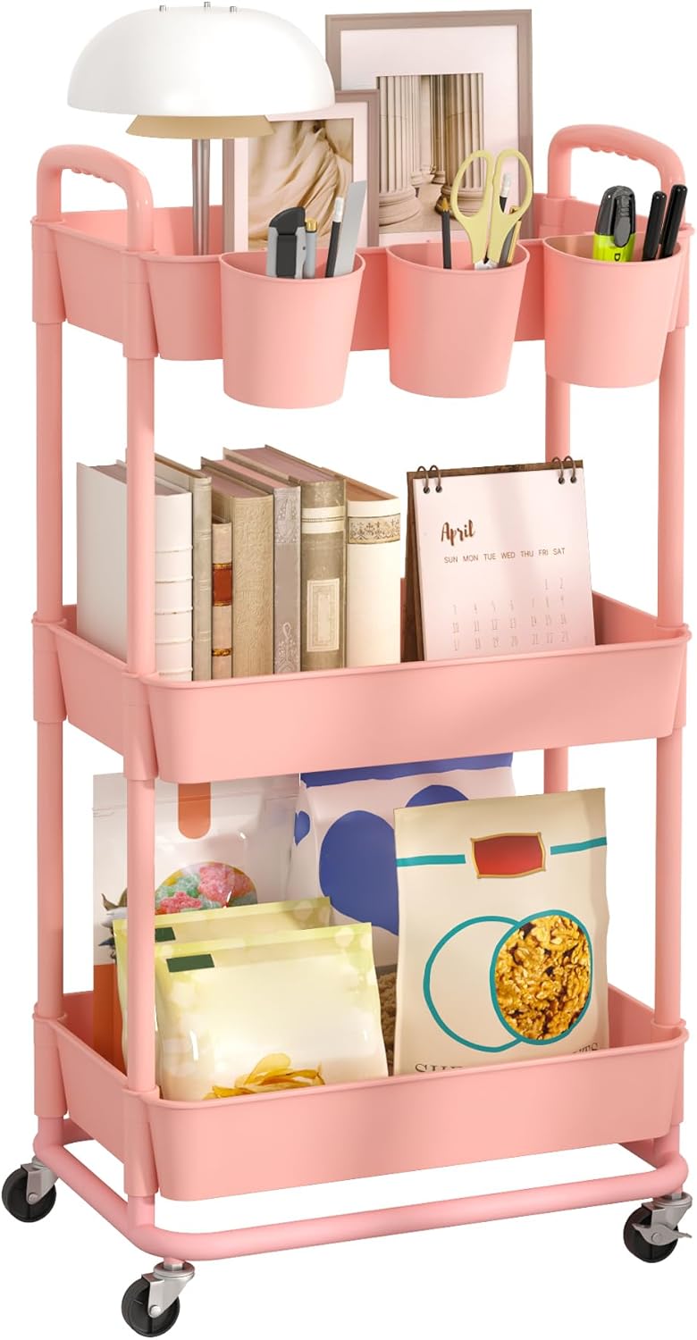 JIUYOTREE 4-Tier Plastic Rolling Storage Cart Utility Cart with Extra Hanging Cups Handles Lockable Wheels for Living Room Bathroom Kitchen Office White