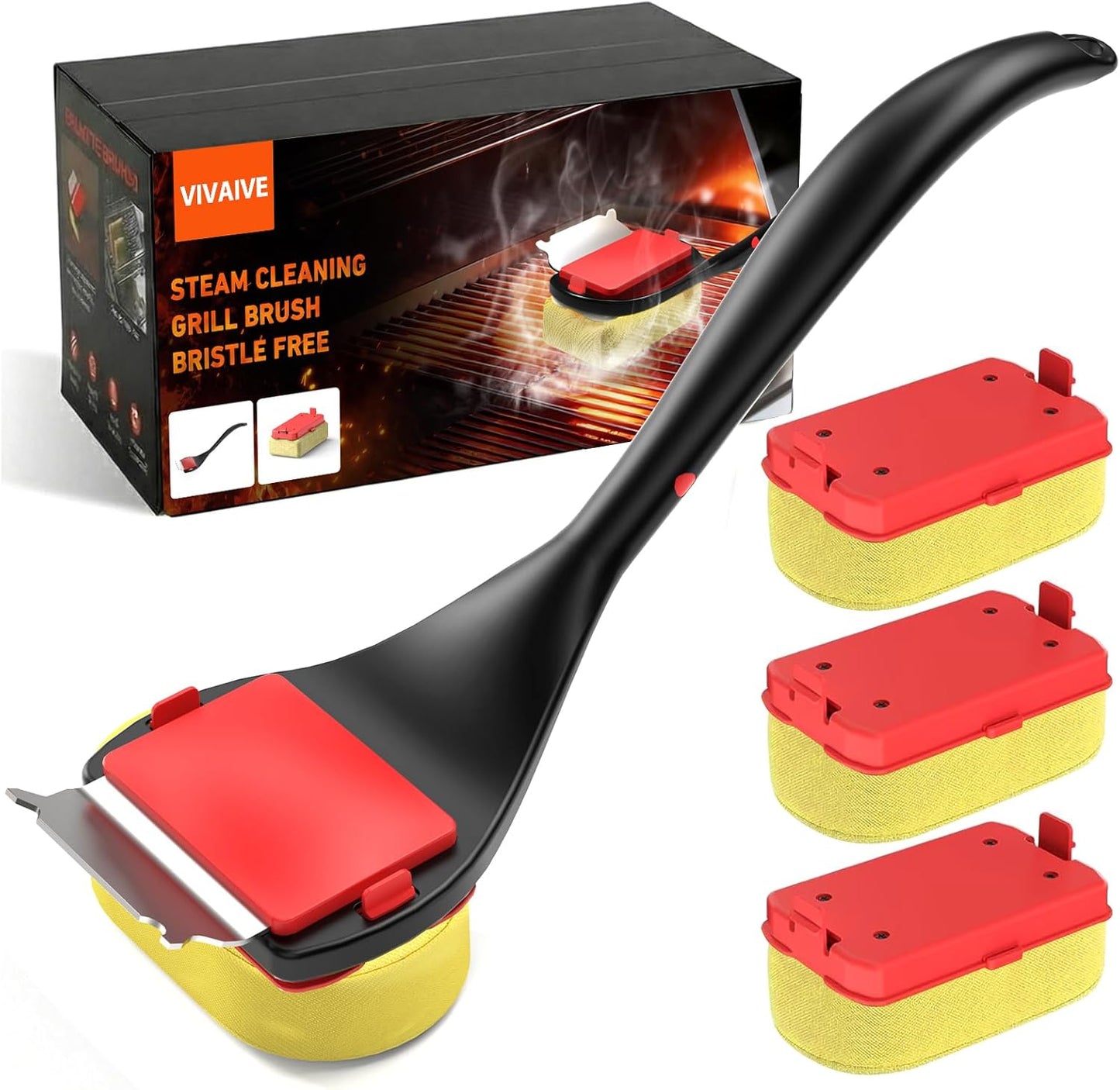 Bristle Free Grill Brush with Scraper, 4 Cleaning Head BBQ Grill Cleaning Brush, Dishwasher-Safe Grill Cleaner Tool for Gas,Charcoal,Ceramic