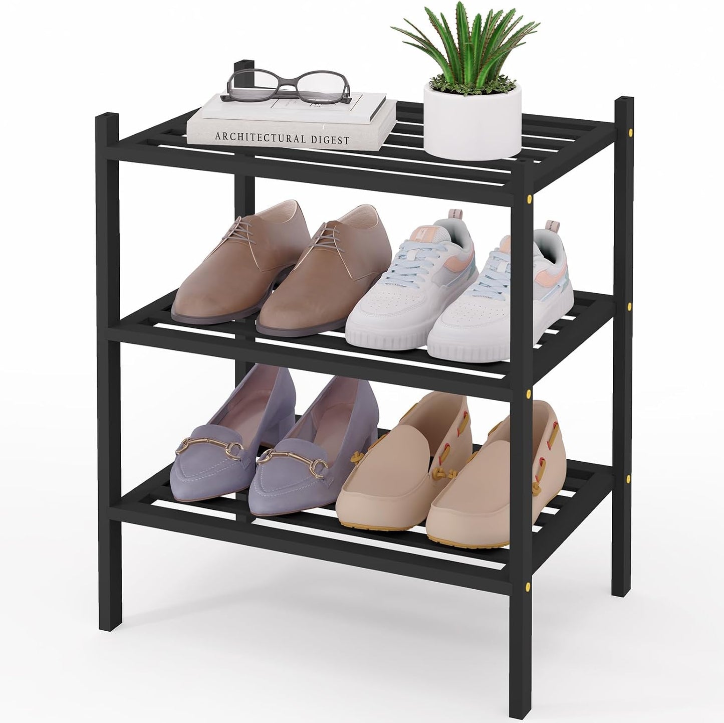 Smiry Bamboo Shoe Rack, 3 Tier Free Standing Wooden Shoe Organizer, Stackable Wood Shoe Storage Shelf for Closet, Entryway, 5 Horizontal Slats, 26.8"x11"x18.3", Natural