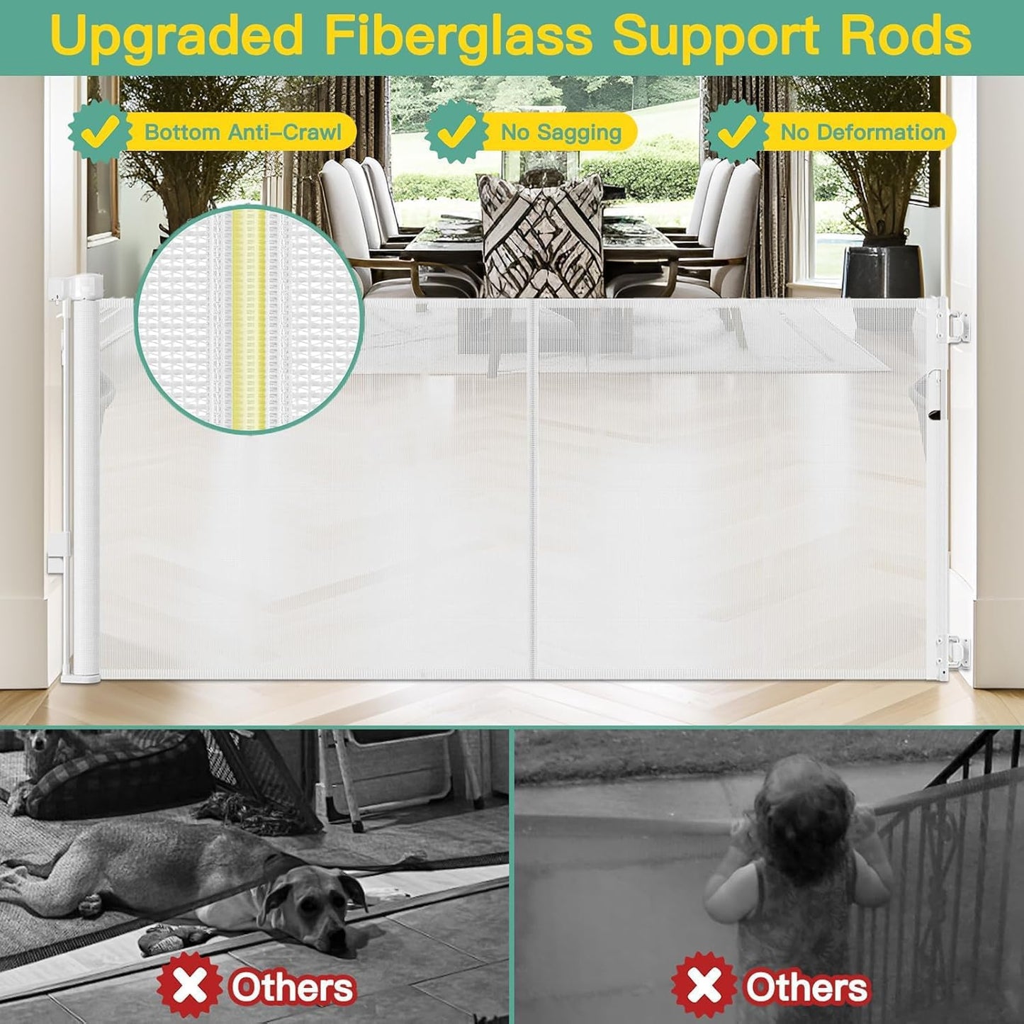 Reinforced 60" Wide Retractable Baby Gates with Upgraded Rods - Bottom Anti-Escape, 5 ft Mesh Baby Gate Retractable Dog Gate Indoor Pet Gate Retractable Stair Gate Outdoor Retractable Gate, Black
