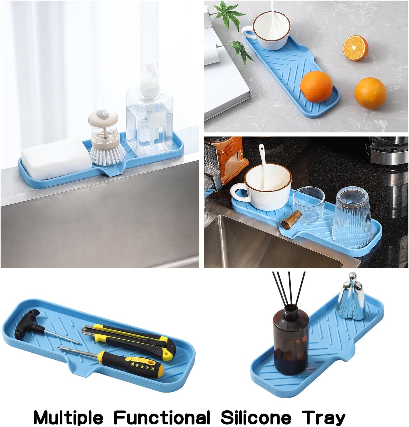 MicoYang Silicone Bathroom Soap Dishes with Drain Spout-Bathroom and Kitchen Sink Organizer,Sponge Holder,Dish Soap Tray,Perfect for Dispenser,Scrubber,Bottle,Cup on Sink or Counter-Coffee 4.9"×3.2"