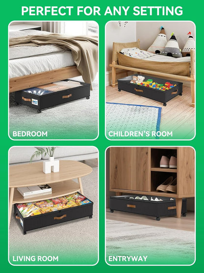 Under Bed Storage with Wheels, 2-Pack 58L Under the Bed Storage Containers with Lids, 1-Pack 15L Box, Organizer Bins Rolling Underbed Storage for Clothes, Underwear, Socks, Shoes - Delicate