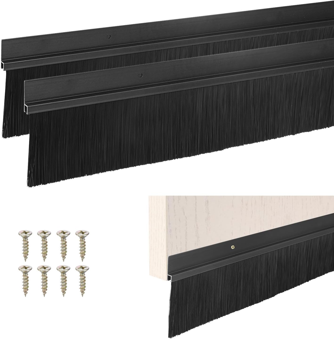 M METERXITY 2Pack Door Sweep - 39" Door Bottom Brush Heavy Duty Seal Draft Stopper Aluminum Base with 50mm Brush, Adhesive/Screw Installation for Interior/Exterior/Garage/Sliding Doors, Black