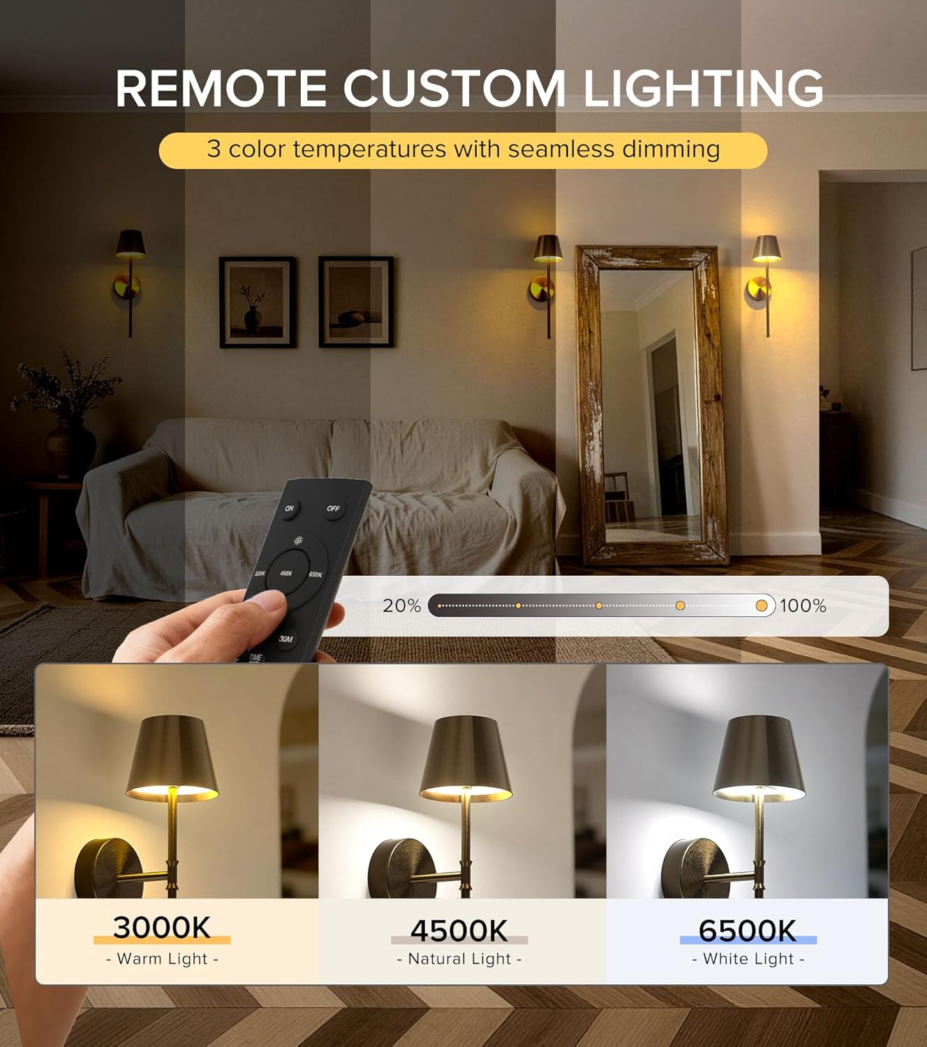 UME Wireless Sconces Set of 2 with Remote, 5200mAh Battery Powered Sconces - Small Rechargeable Sconces w/ 3 Color Temps & 5 Brightness Levels for Bedroom, Living Room, Wall Painting, Cafe (Black)