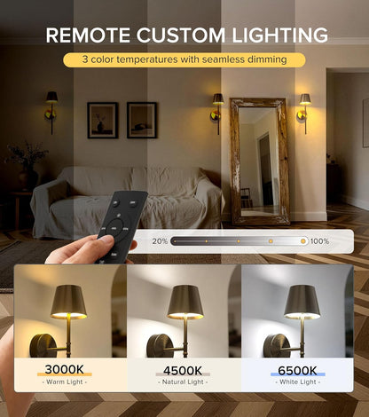 UME Wireless Sconces Set of 2 with Remote, 5200mAh Battery Powered Sconces - Small Rechargeable Sconces w/ 3 Color Temps & 5 Brightness Levels for Bedroom, Living Room, Wall Painting, Cafe (Black)