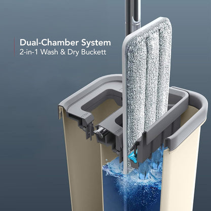 OVENTE Mop and Bucket with Wringer Set, Hands-Free Self-Cleaning Flat Floor Mop with Washable Microfiber Pad, Home Cleaner for Smooth Wall, Hardwood, Tile, Laminate and Glass Windows, Beige MBP32BGG