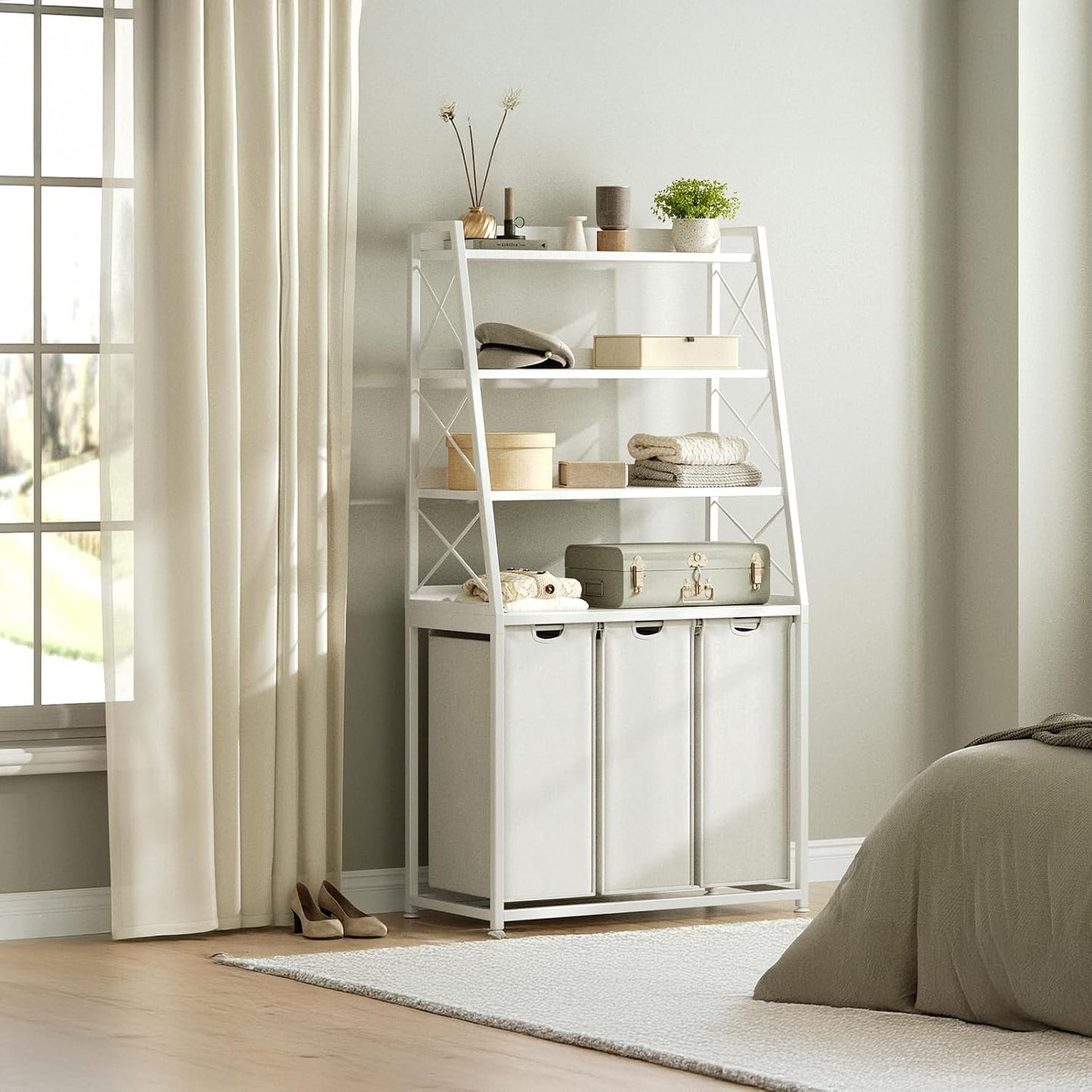 Herture Laundry Basket, 3 Section Laundry Hamper with 4 Tiers Shelf, Pull-Out and Removable Laundry Bags, Large 3 x 15.87 Gallons, for Laundry Room Bathroom Rustic Brown PF05XLN