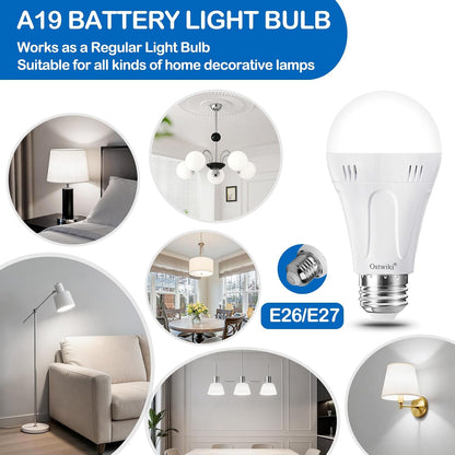 Ostwiki Rechargeable Light Bulbs,2 Pack Emergenecy Light Bulbs for Power Outage A19 E26 9W 6500K White Battery Backup Soft Light Bulb for Lamps Home Power Failure Hurricane,Blizzard