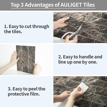 AULIGET 40-Piece Polished White Marble with Gold Peel and Stick Backsplash Wall Tiles, 3" x 12" PVC Faux Stone Stick on Tiles for Backsplash Kitchen, Bathroom, Laundry Room, Camper, Fireplace